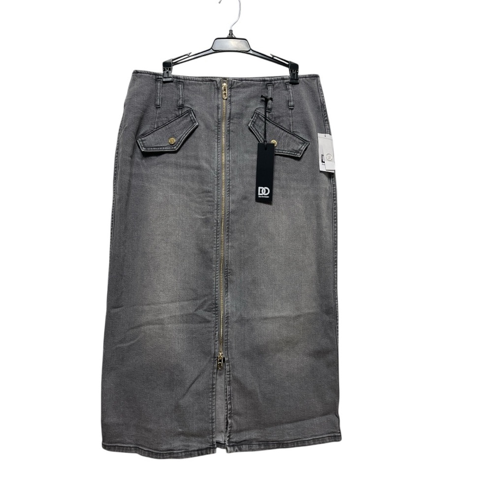 Dee Ocleppo Millie Zipper Front Denim Midi Skirt Charcoal Gray Sz 12